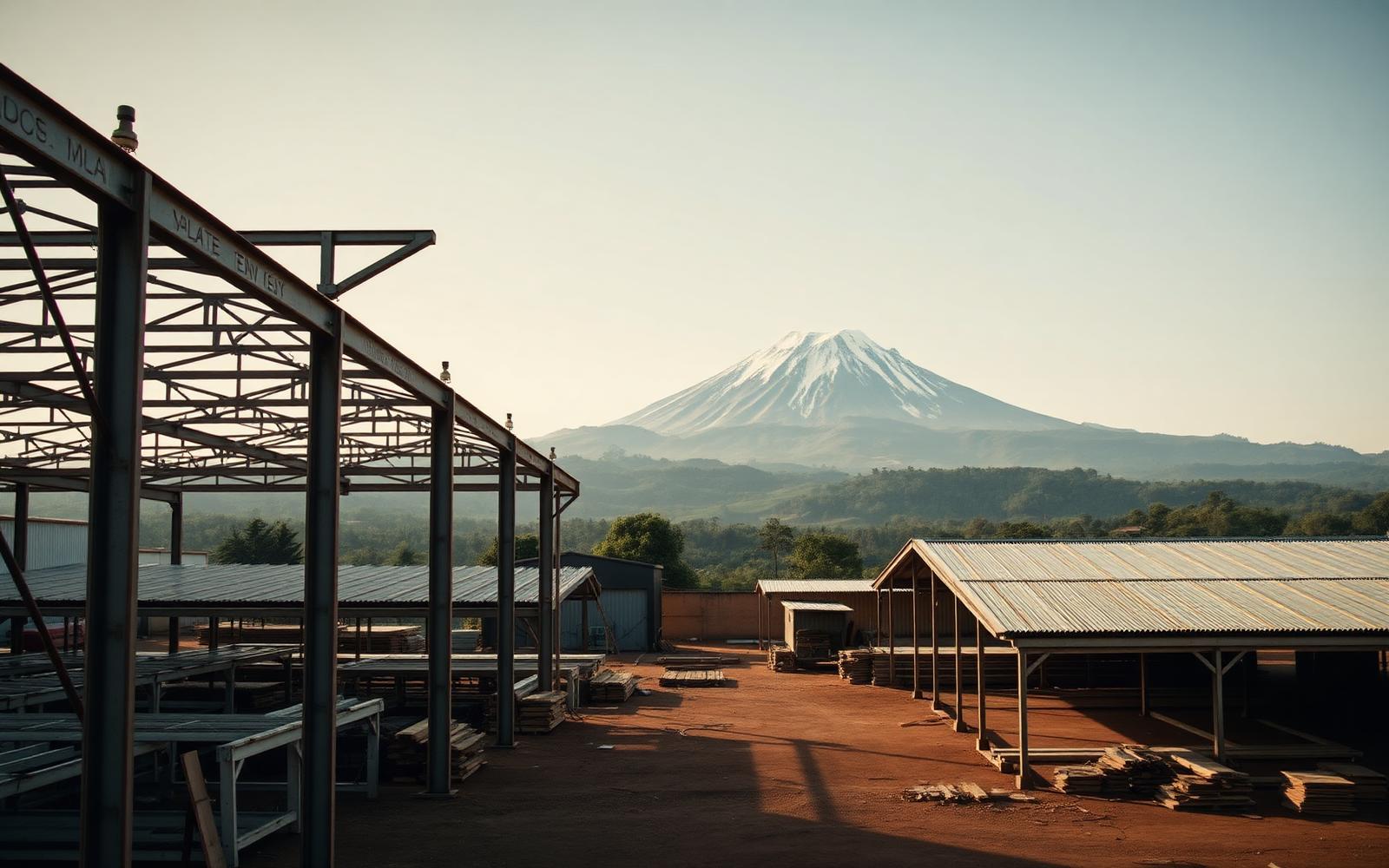 Steel truss fabrication yard with Mount Meru behind it near Arusha, northern Tanzania