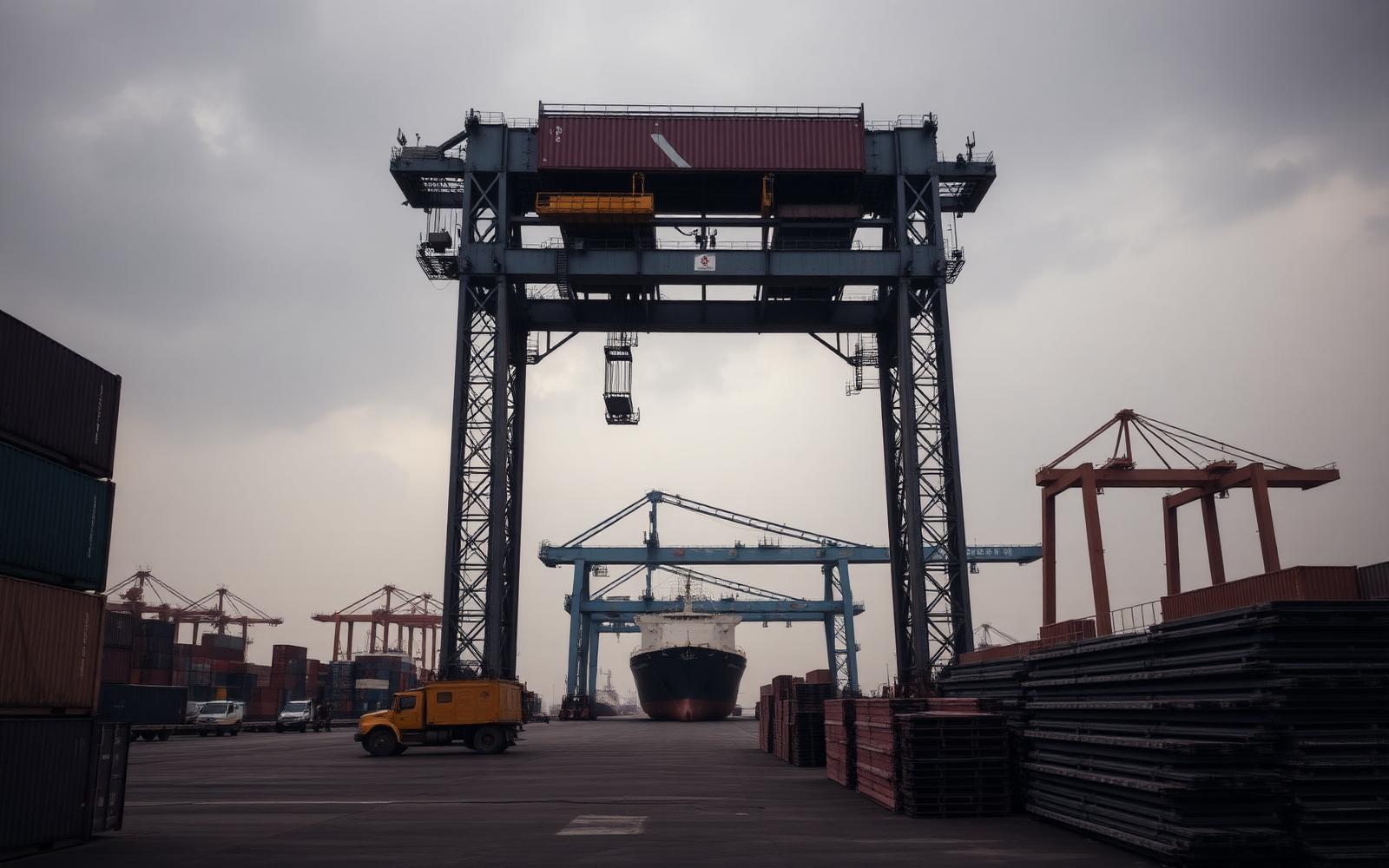 Container gantries and stacked steel sections at the port of Dar es Salaam, Tanzania