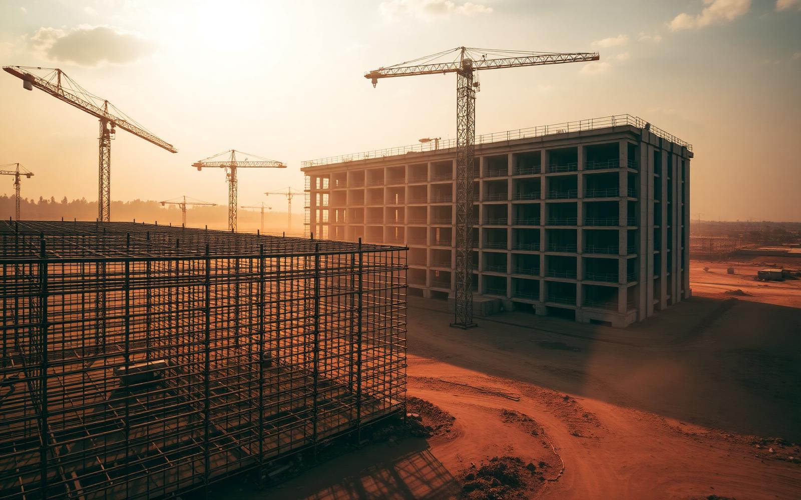 Reinforcement cages and a government building under construction in Dodoma, Tanzania