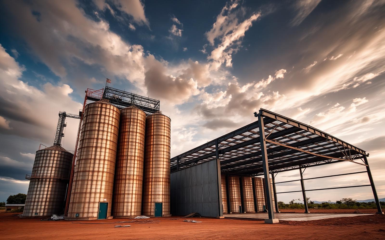 Grain silos and a steel portal-frame warehouse under construction near Eldoret, Kenya