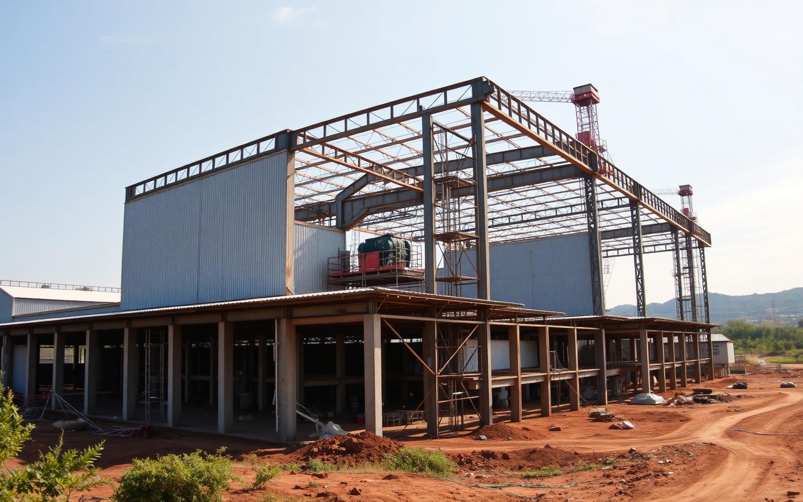 Steel-framed factory buildings under construction at an industrial park in Hawassa, Ethiopia
