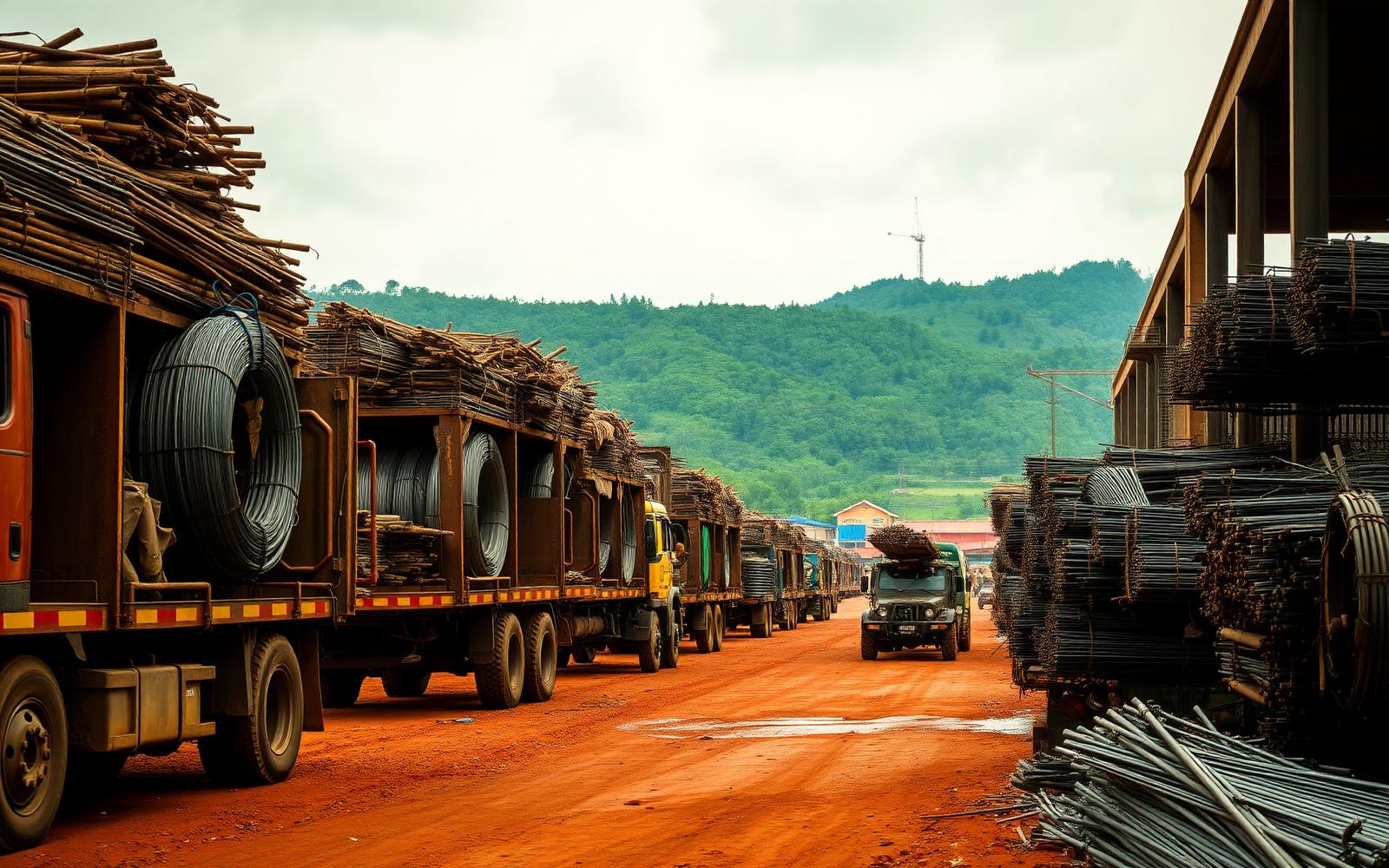 Trucks loaded with steel coil and rebar arriving at an industrial yard in Kampala, Uganda