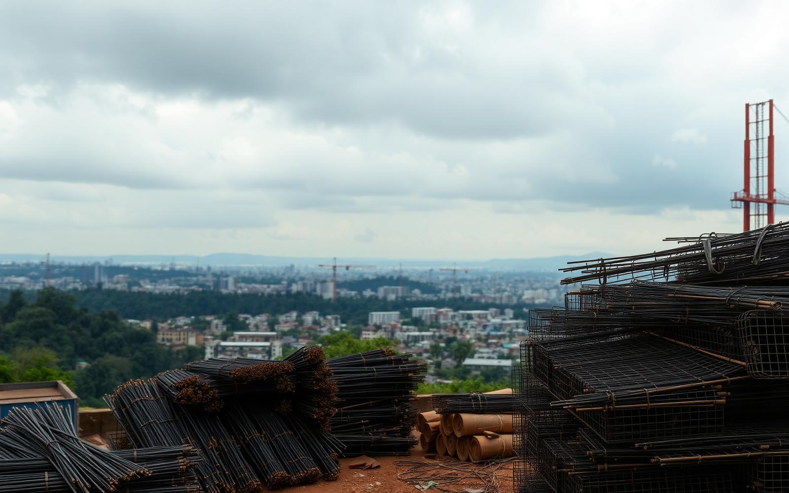 Bundles of rebar and welded mesh at a construction supply yard on the hills of Kigali, Rwanda
