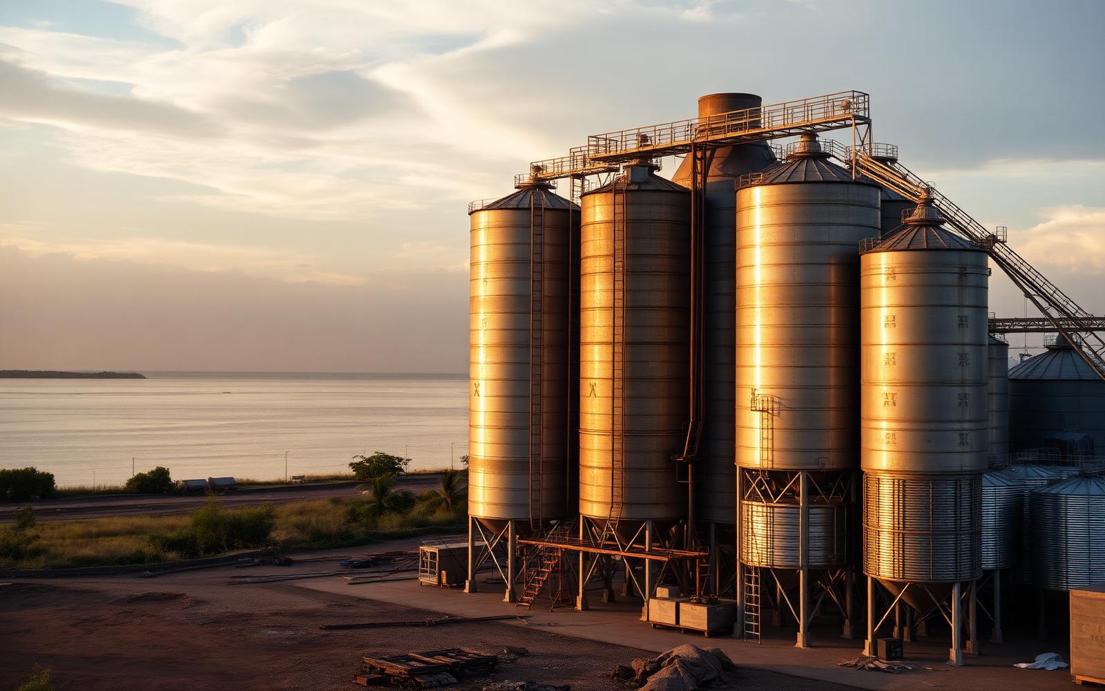 Steel silos and a fabrication yard beside Lake Victoria at Kisumu, western Kenya