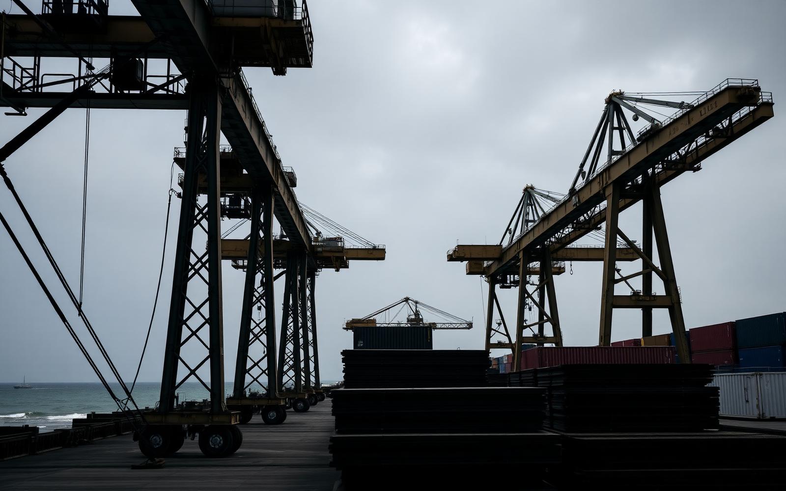 Gantry cranes and stacked steel plate at the port of Mombasa on the Kenyan coast