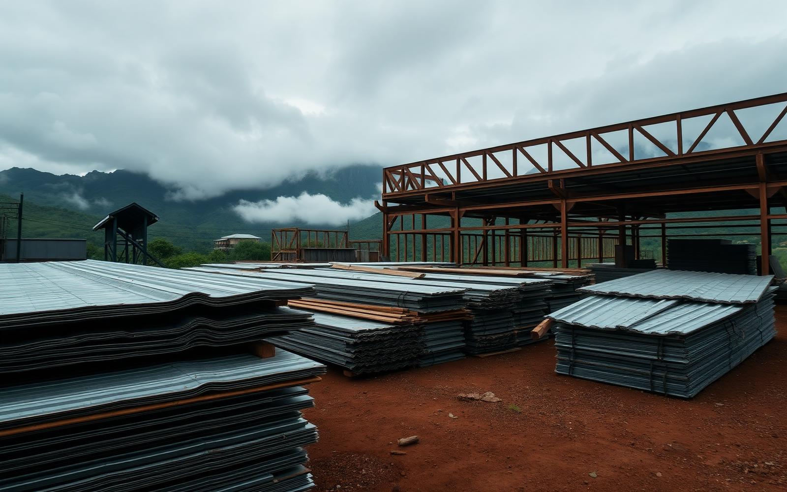 Steel roofing sheet and structural framing at a supply yard below the volcanoes near Musanze, Rwanda