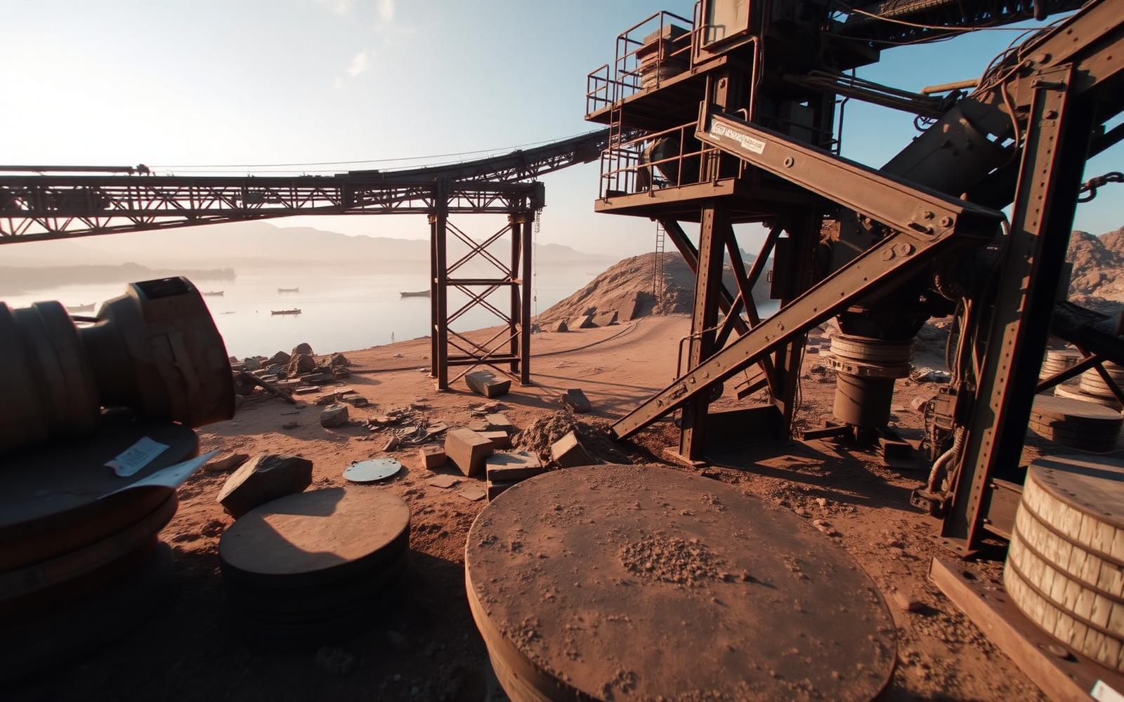 Conveyor structures and wear plate at a mining plant workshop near Mwanza on Lake Victoria