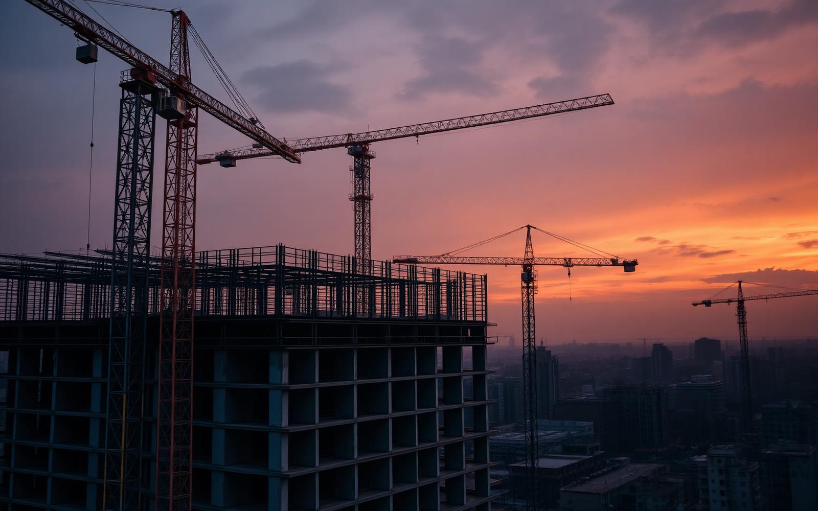 Tower cranes and a reinforced concrete frame rising over the Nairobi city skyline at dusk