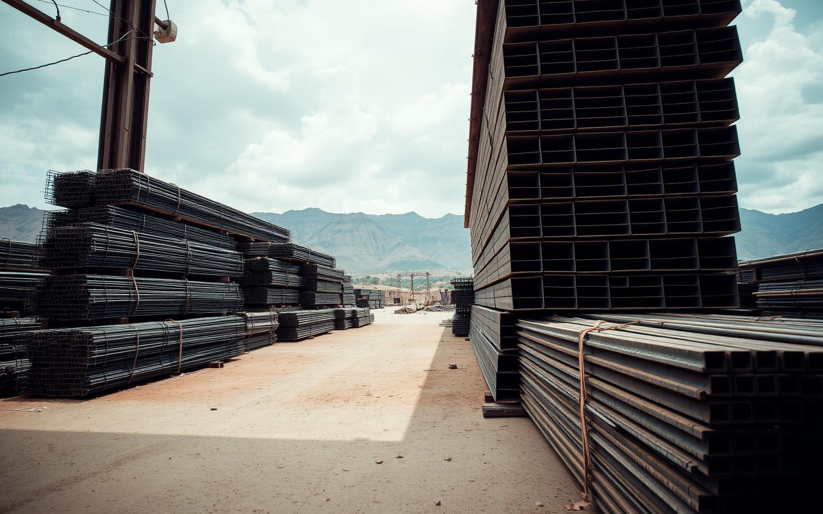 Steel reinforcement and structural sections stacked at a supply yard in Nakuru, Rift Valley Kenya