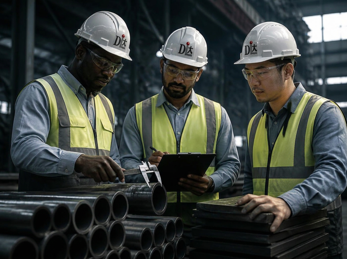 Inspector checking steel pipe stock in a factory