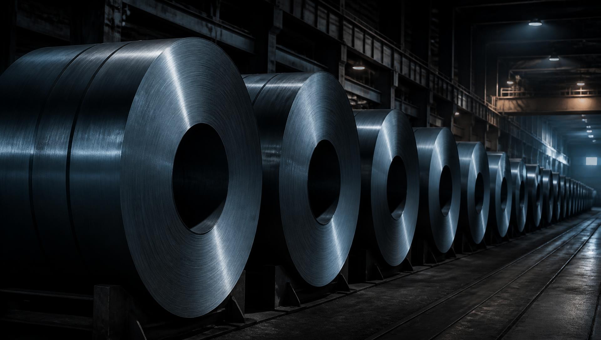 Rows of rolled steel coils in a mill warehouse